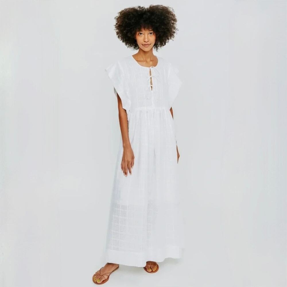 MIRTH Sonoma Maxi Dress in White Boxweave -  Textured - Ruffles - Size XS